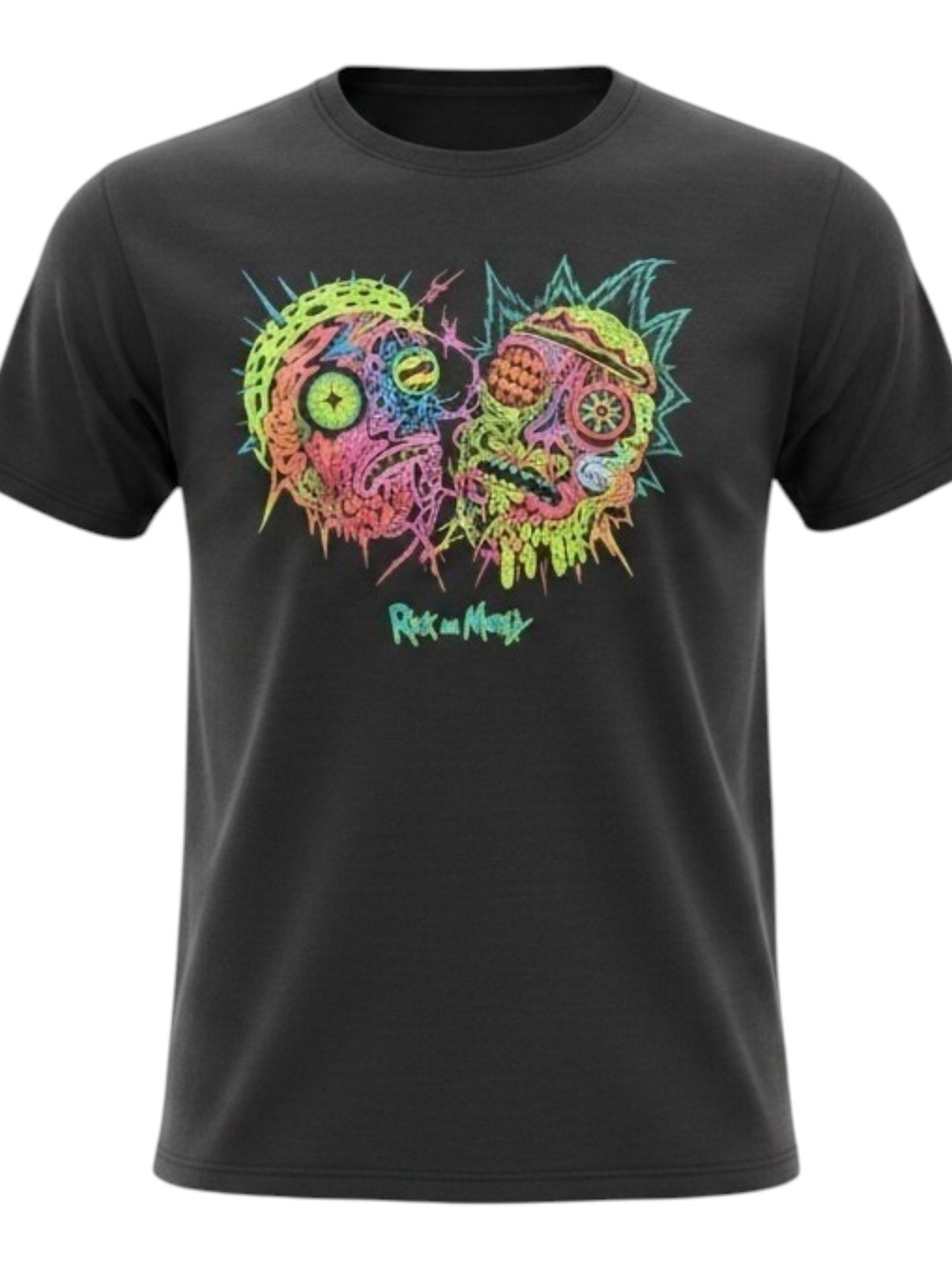 Rick and Morty Black Tee with Neon Multicolor Graphic Large